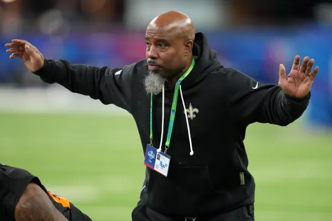 Feb 28, 2026; Indianapolis, IN, USA; New Orleans Saints wide receivers coach Keith Williams looks on during the NFL Scouting Combine at Lucas Oil Stadium. Mandatory Credit: Kirby Lee-Imagn Images