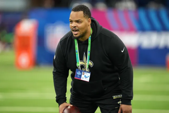 Mar 1, 2026; Indianapolis, IN, USA; New Orleans Saints offensive assistant coach Tobijah Hughley during the NFL Scouting Combine at Lucas Oil Stadium. Mandatory Credit: Kirby Lee-Imagn Images