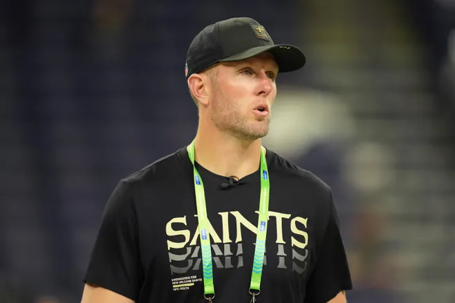 Feb 27, 2026; Indianapolis, IN, USA; New Orleans Saints scout Josh Hill during the NFL Scouting Combine at Lucas Oil Stadium. Mandatory Credit: Kirby Lee-Imagn Images