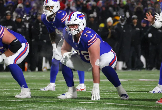 ORCHARD PARK, NEW YORK - JANUARY 19: David Edwards #76 of the Buffalo Bills waits for the snap against the Baltimore Ravens during the AFC divisional round game at Highmark Stadium on January 19, 2025 in Orchard Park, New York. (Photo by Timothy T Ludwig/Getty Images)