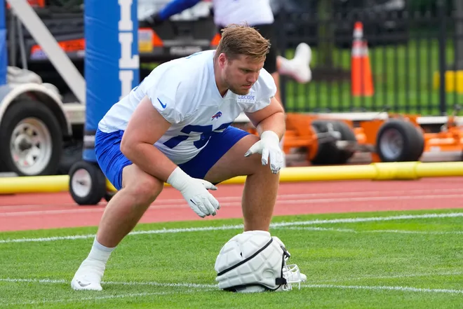 Jul 26, 2023; Rochester, NY, USA; Buffalo Bills guard David Edwards (76) practices on the field during training camp at St. John Fisher College. Mandatory Credit: Gregory Fisher-USA TODAY Sports