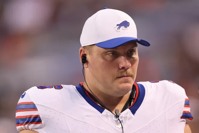 CHICAGO, ILLINOIS - AUGUST 17: David Edwards #76 of the Buffalo Bills looks on against the Chicago Bears during the NFL Preseason 2025 game between Buffalo Bills and Chicago Bears at Soldier Field on August 17, 2025 in Chicago, Illinois. (Photo by Michael Reaves/Getty Images)