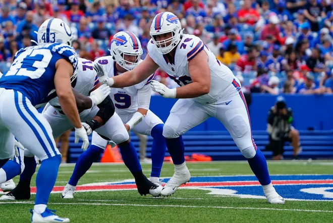 Aug 12, 2023; Orchard Park, New York, USA; Buffalo Bills guard David Edwards (76) blocks during the first half at Highmark Stadium. Mandatory Credit: Gregory Fisher-USA TODAY Sports