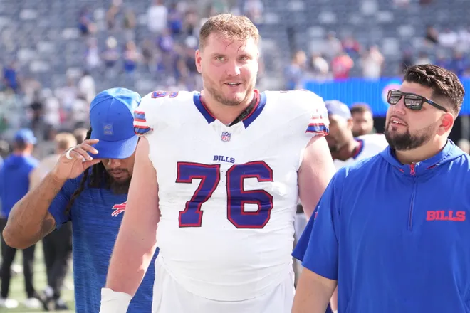 Sep 14, 2025; East Rutherford, New Jersey, USA; Buffalo Bills guard David Edwards (76) after the game against the New York Jets at MetLife Stadium. Mandatory Credit: Robert Deutsch-Imagn Images