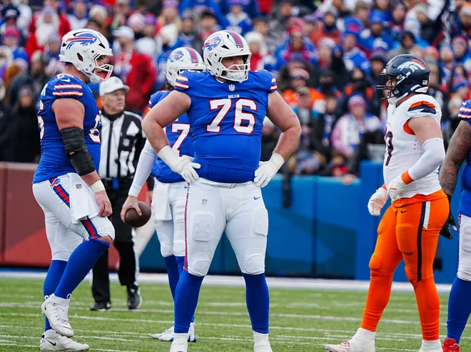 Buffalo Bills guard David Edwards stares down the Broncos as the teams line up during the first half of the Buffalo Bills wild card game against the Denver Broncos at Highmark Stadium in Orchard Park on Jan. 12, 2025.