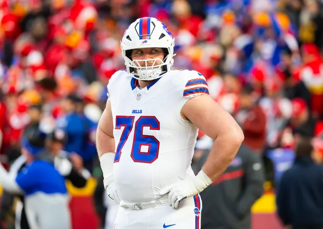 Jan 26, 2025; Kansas City, MO, USA; Buffalo Bills guard David Edwards (76) against the Kansas City Chiefs during the AFC Championship game at GEHA Field at Arrowhead Stadium. Mandatory Credit: Mark J. Rebilas-Imagn Images