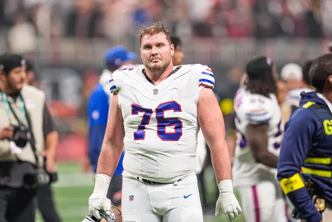 Oct 13, 2025; Atlanta, Georgia, USA; Buffalo Bills guard David Edwards (76) on the field against the Atlanta Falcons at Mercedes-Benz Stadium. Mandatory Credit: Dale Zanine-Imagn Images