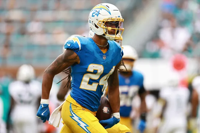 MIAMI GARDENS, FLORIDA - OCTOBER 12: Benjamin St-Juste #24 of the Los Angeles Chargers reacts after an interception in the third quarter against the Miami Dolphins at Hard Rock Stadium on October 12, 2025 in Miami Gardens, Florida. (Photo by Carmen Mandato/Getty Images)