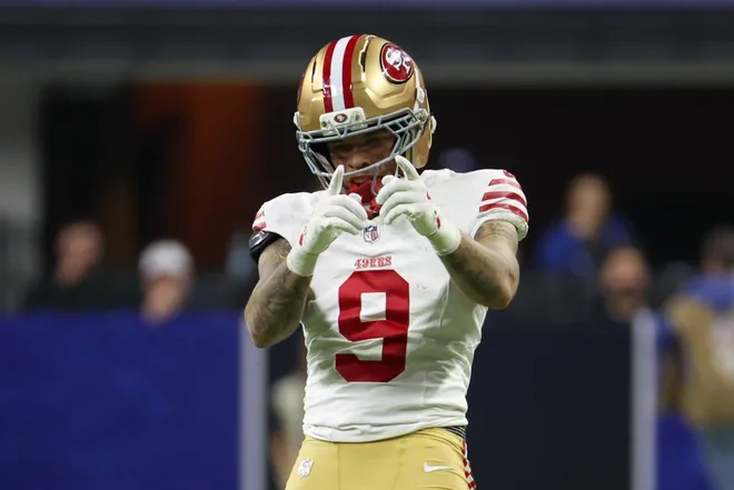 Dec 22, 2025; Indianapolis, Indiana, USA; San Francisco 49ers wide receiver Skyy Moore (9) celebrates after a play against the Indianapolis Colts in the second quarter of the game at Lucas Oil Stadium. Mandatory Credit: Trevor Ruszkowski-Imagn Images