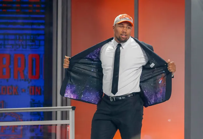 Apr 26, 2018; Arlington, TX, USA; Bradley Chubb (North Carolina State) is selected as the number five overall pick to the Denver Broncos in the first round of the 2018 NFL Draft at AT&T Stadium. Mandatory Credit: Tim Heitman-USA TODAY Sports