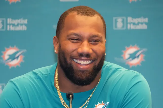 Nov 12, 2025; Madrid, Spain; Miami Dolphins linebacker Bradley Chubb at press conference at Estadio Riyadh Air Metropolitano. Mandatory Credit: Kirby Lee-Imagn Images