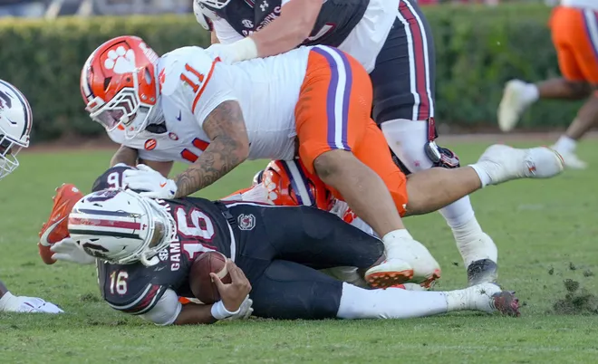 Clemson defensive lineman Peter Woods (11) sacks South Carolina quarterback LaNorris Sellers (16) after the Tigers’ 28-14 win at Williams-Brice Stadium in Columbia, S.C. Saturday, November 29, 2025.