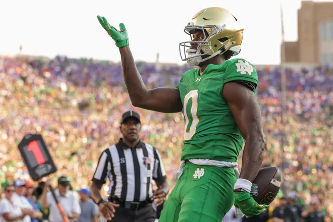 Malachi Fields #0 of the Notre Dame Fighting Irish celebrates after a touchdown during the second half of the NCAA game between the Notre Dame Fighting Irish and the Boise State Broncos at Notre Dame Stadium on October 4, 2025. (Photo by Michael Hickey/Getty Images)