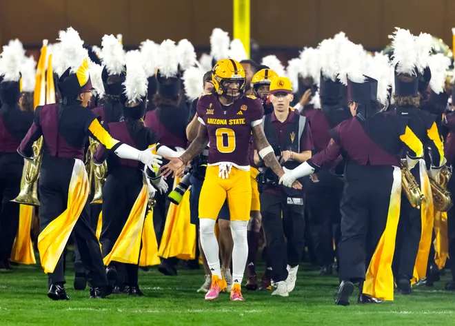 Nov 28, 2025; Tempe, Arizona, USA; Arizona State Sun Devils wide receiver Jordyn Tyson (0) against the Arizona Wildcats during the 99th Territorial Cup at Mountain America Stadium. Mandatory Credit: Mark J. Rebilas-Imagn Images