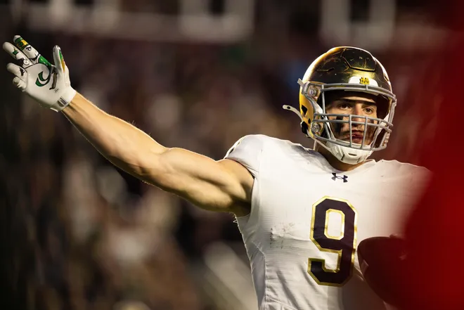 Nov 1, 2025; Chestnut Hill, Massachusetts, USA; Notre Dame Fighting Irish tight end Eli Raridon (9) gestures after making a first down in the fourth quarter against the Boston College Eagles at Alumni Stadium. Mandatory Credit: Edward Finan-Imagn Images