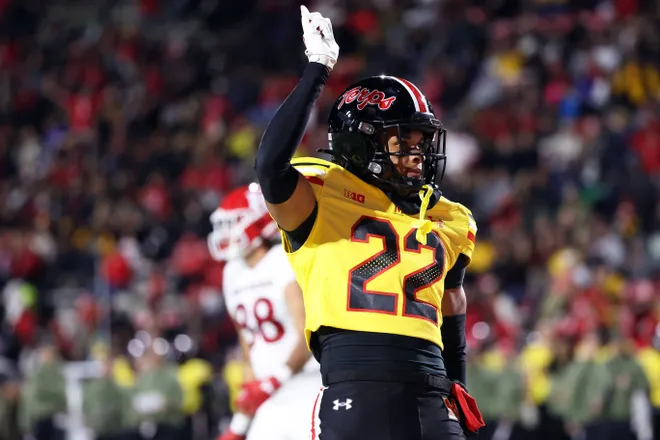 Nov 16, 2024; College Park, Maryland, USA; Maryland Terrapins defensive back Jalen Huskey (22) celebrates during the second half against the Rutgers Scarlet Knights at SECU Stadium. Mandatory Credit: Daniel Kucin Jr.-Imagn Images