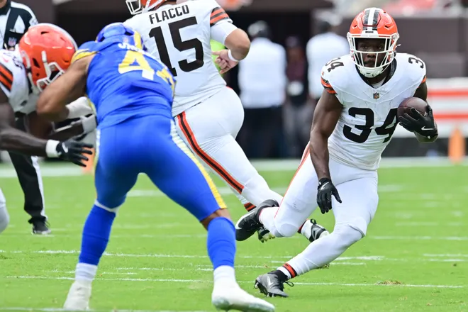 Aug 23, 2025; Cleveland, Ohio, USA; Cleveland Browns running back Jerome Ford (34) runs with the ball during the first quarter against the Los Angeles Rams at Huntington Bank Field. Mandatory Credit: Ken Blaze-Imagn Images
