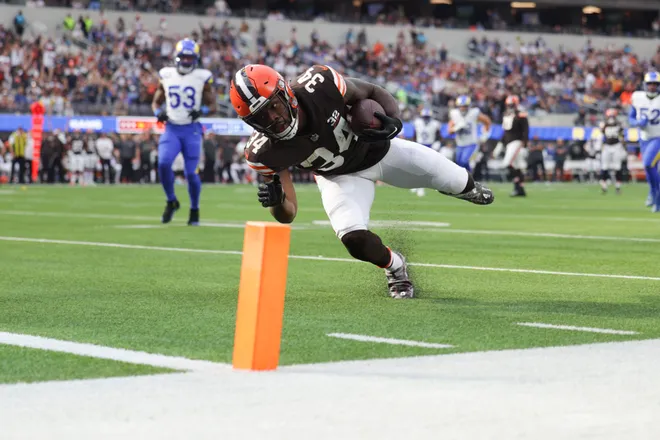 Dec 3, 2023; Inglewood, California, USA; Cleveland Browns running back Jerome Ford (34) scores a touchdown against the Los Angeles Rams during the first half at SoFi Stadium. Mandatory Credit: Yannick Peterhans-USA TODAY Sports