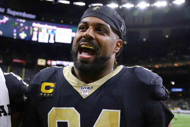 NEW ORLEANS, LOUISIANA - NOVEMBER 24: Cameron Jordan #94 of the New Orleans Saints celebrates a win against the Carolina Panthers at the Mercedes Benz Superdome on November 24, 2019 in New Orleans, Louisiana. (Photo by Jonathan Bachman/Getty Images)