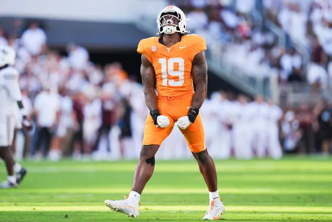 Tennessee defensive lineman Joshua Josephs (19) celebrates during a college football game between Tennessee and Mississippi State at Davis Wade Stadium in Starkville, Miss., on Sept. 27, 2025.