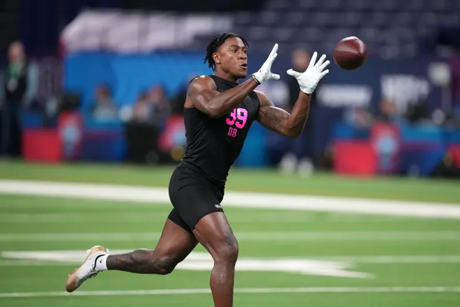 Feb 27, 2026; Indianapolis, IN, USA; South Carolina defensive back Jalon Kilgore (DB39) during the NFL Scouting Combine at Lucas Oil Stadium. Mandatory Credit: Kirby Lee-Imagn Images