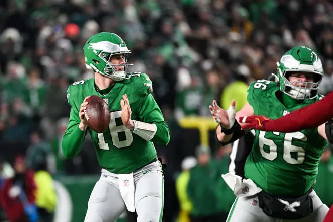 Jan 4, 2026; Philadelphia, Pennsylvania, USA; Philadelphia Eagles quarterback Tanner McKee (16) looks to pass during the second quarter against the Washington Commanders at Lincoln Financial Field. Mandatory Credit: Eric Hartline-Imagn Images