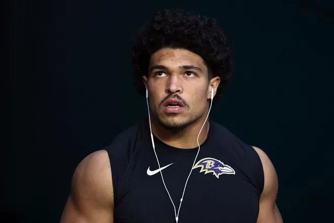 MIAMI GARDENS, FLORIDA - OCTOBER 30: Teddye Buchanan #40 of the Baltimore Ravens looks on prior to a game against the Miami Dolphins at Hard Rock Stadium on October 30, 2025 in Miami Gardens, Florida. (Photo by Megan Briggs/Getty Images)