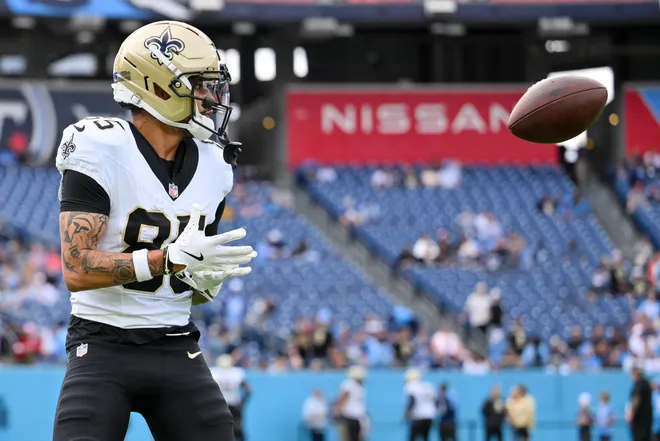 Dec 28, 2025; Nashville, Tennessee, USA; New Orleans Saints tight end Mason Pline (85) makes a catch against the Tennessee Titans during pre-game warmups at Nissan Stadium. Mandatory Credit: Steve Roberts-Imagn Images