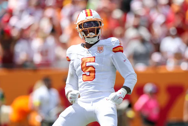 Sep 21, 2025; Tampa, Florida, USA; Tampa Bay Buccaneers outside linebacker Haason Reddick (5) reacts after a play against the New York Jets in the second quarter at Raymond James Stadium. Mandatory Credit: Nathan Ray Seebeck-Imagn Images