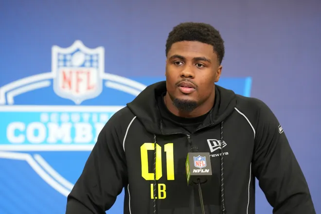 Feb 25, 2026; Indianapolis, IN, USA; Georgia linebacker CJ Allen (LB01) speaks during the NFL Scouting Combine at the Indiana Convention Center. Mandatory Credit: Kirby Lee-Imagn Images