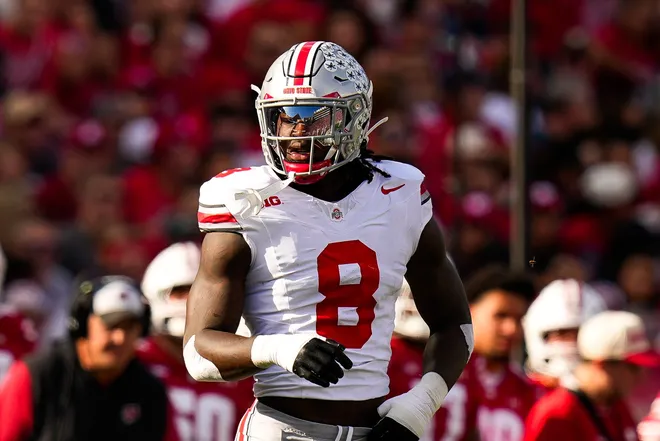 Ohio State Buckeyes linebacker Arvell Reese (8) reacts during the game against the Wisconsin Badgers at Camp Randall Stadium on Saturday, Oct. 18, 2025 in Madison, Wisconsin.