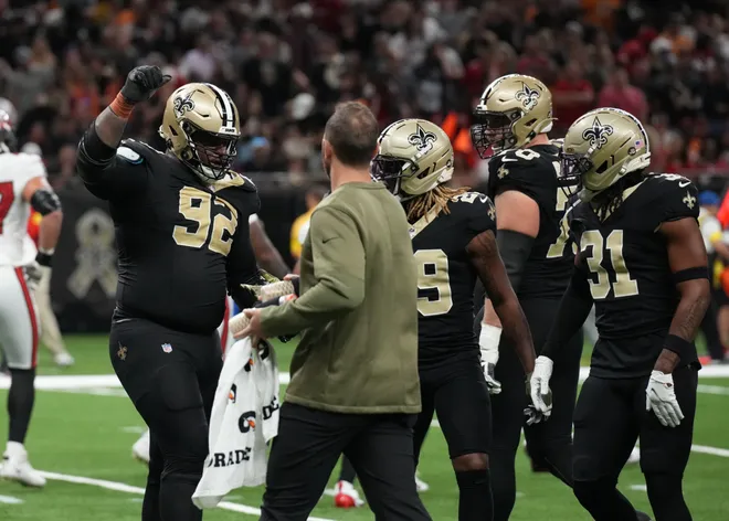 Oct 26, 2025; New Orleans, Louisiana, USA; New Orleans Saints defensive tackle Davon Godchaux (92) reacts during the first quarter against the Tampa Bay Buccaneers at Caesars Superdome. Mandatory Credit: Matthew Hinton-Imagn Images
