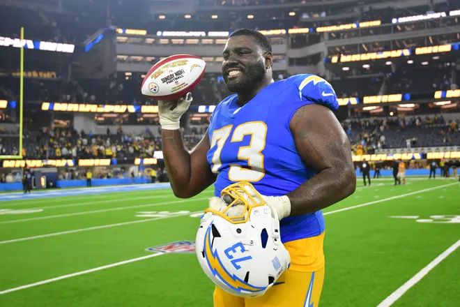 Nov 9, 2025; Inglewood, California, USA; Los Angeles Chargers guard Mekhi Becton (73) reacts after the game against the Pittsburgh Steelers at SoFi Stadium. Mandatory Credit: Gary A. Vasquez-Imagn Images