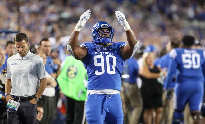 Kentucky's T.J. Carter wasn't shy about showing his displeasure after being called for targeting after he collided with Florida quarterback Kyle Trask late in the game. “I’m not saying the officials made a wrong call. It’s just a tough call. It’s a tough call," said UK coach Mark Stoops afterwards. "Something’s got to be done with that rule and the call and, you know, putting laundry on the field again to dictate a game is tough.’’ Sept. 14, 2019.
Kentucky Vs Florida Football 2019