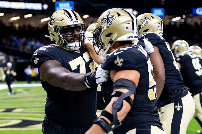 Aug 25, 2024; New Orleans, Louisiana, USA; New Orleans Saints offensive tackle Josiah Ezirim (72) during the warmups before the game against the Tennessee Titans at Caesars Superdome. Mandatory Credit: Stephen Lew-USA TODAY Sports