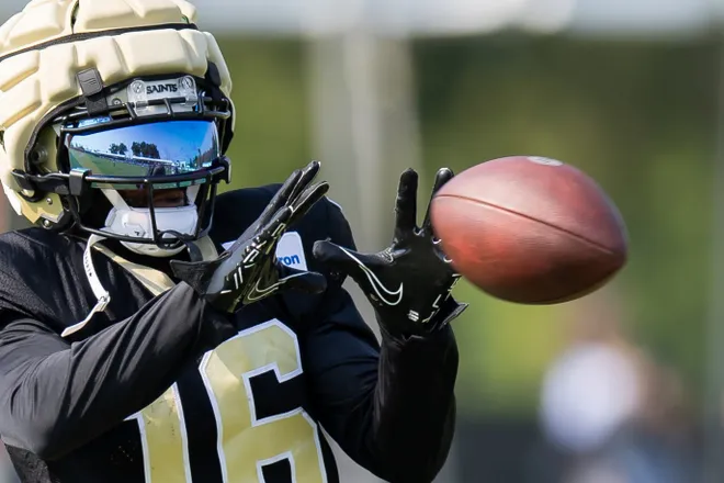 Jul 31, 2023; Metairie, LA, USA; New Orleans Saints wide receiver Keke Coutee (16) during training camp at the Ochsner Sports Performance Center. Mandatory Credit: Stephen Lew-USA TODAY Sports