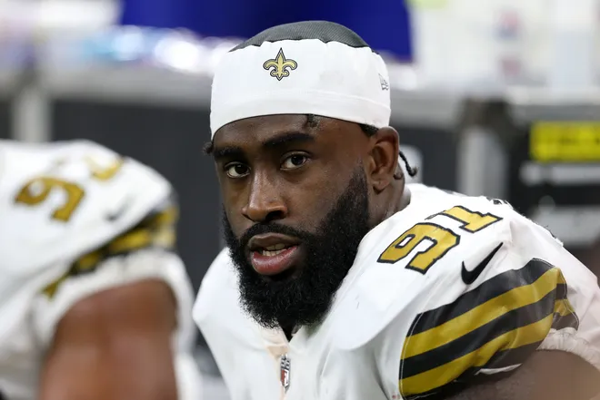 Nov 25, 2021; New Orleans, Louisiana, USA; New Orleans Saints defensive tackle Josiah Bronson Jr. (91) in the second quarter against the Buffalo Bills at the Caesars Superdome. Mandatory Credit: Chuck Cook-USA TODAY Sports
