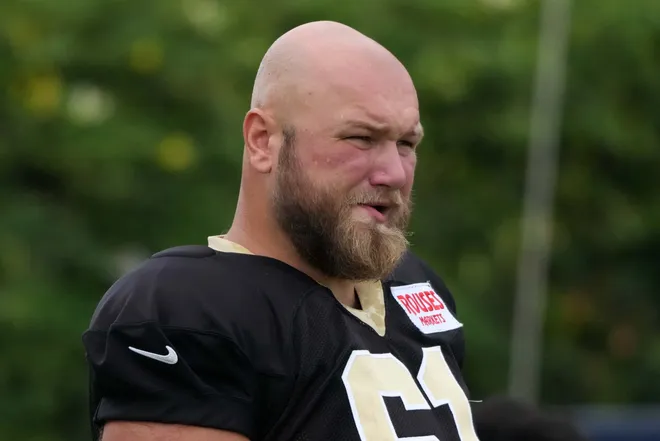 Aug 14, 2025; Carson, CA, USA; New Orleans Saints guard Mike Panasiuk (61) during a joint practice against the Los Angeles Rams at the Dignity Health Sports Park. Mandatory Credit: Kirby Lee-Imagn Images