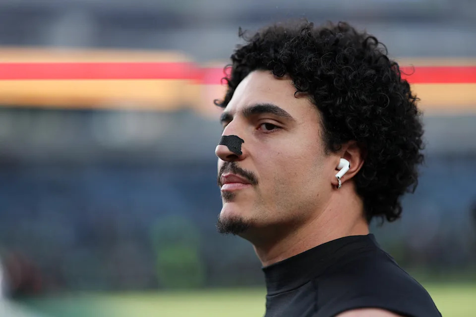 Jan 11, 2026; Philadelphia, PA, USA; Philadelphia Eagles linebacker Jaelan Phillips (50) looks on during warmups prior to an NFC Wild Card Round game against the San Francisco 49ers at Lincoln Financial Field. Mandatory Credit: Bill Streicher-Imagn Images