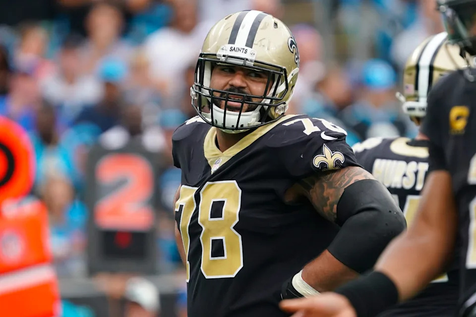 Sep 25, 2022; Charlotte, North Carolina, USA; New Orleans Saints center Erik McCoy (78) looks on against the Carolina Panthers during the second half at Bank of America Stadium. Mandatory Credit: James Guillory-USA TODAY Sports