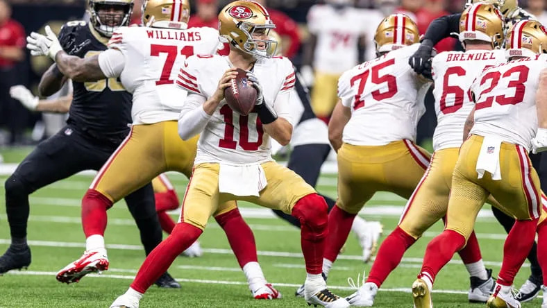Sep 14, 2025; New Orleans, Louisiana, USA; San Francisco 49ers quarterback Mac Jones (10) passes against the New Orleans Saints during the second half at Caesars Superdome. Mandatory Credit: Stephen Lew-Imagn Images