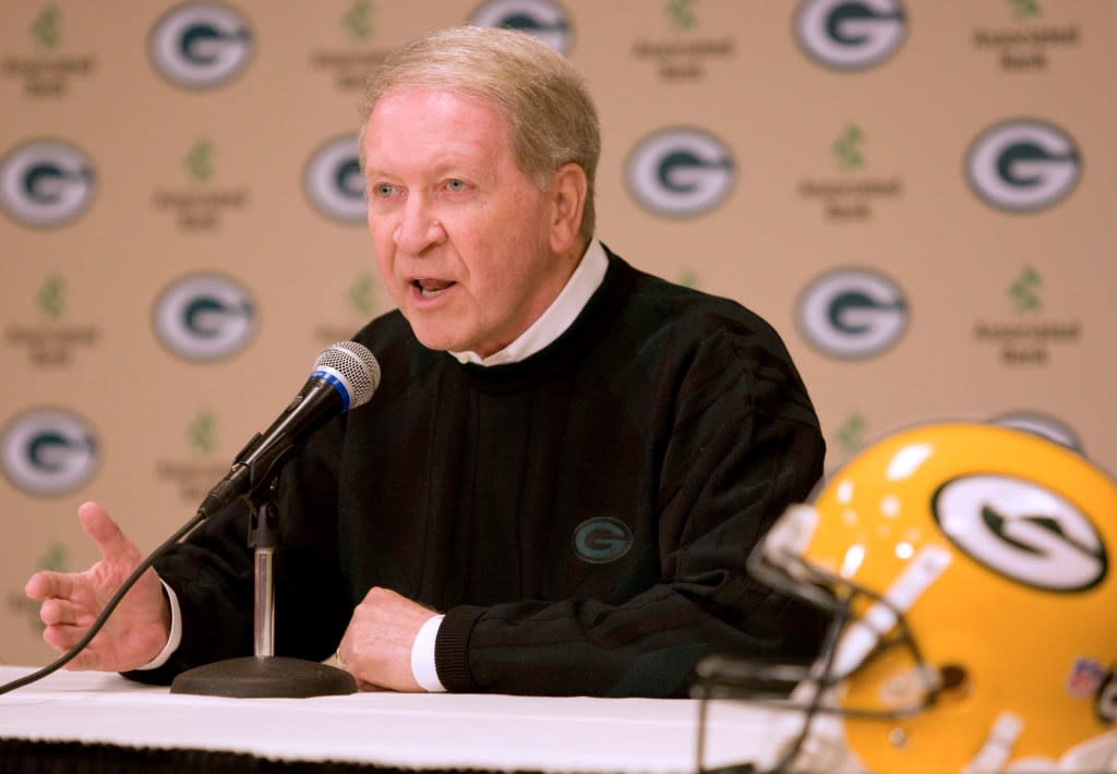 Bob Harlan, former chief executive officer of the Green Bay Packers, speaks during a news conference regarding the retirement of quarterback Brett Favre at Lambeau Field in Green Bay, Wisconsin, U.S., on Tuesday, March 4, 2008. Bloomberg via Getty Images