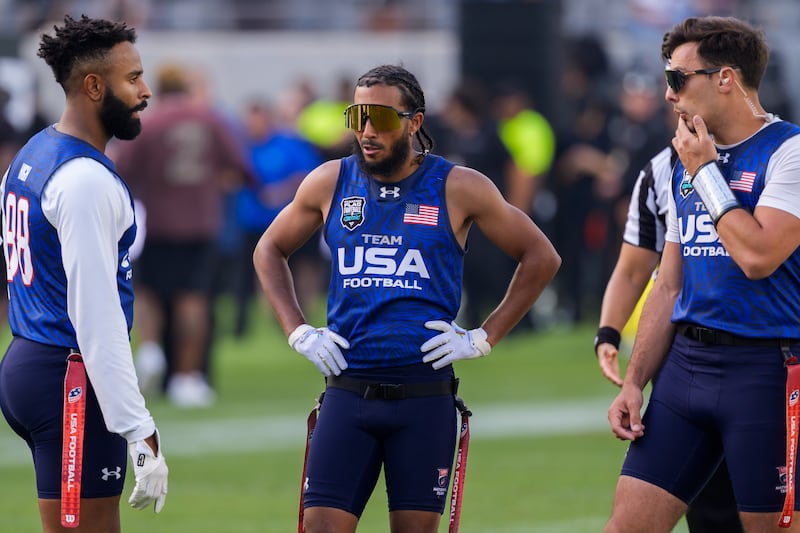 (Left to right) Team USA players Ja'Deion High, Darrell Doucette III and Nico Casares onfield at BMO Stadium.