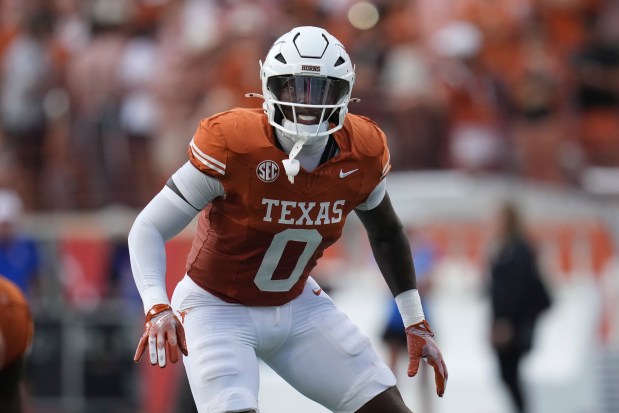 Texas linebacker Anthony Hill Jr. (0) during the first half of an NCAA college football game against San Jose State in Austin, Texas, Saturday, Sept. 6, 2025. (AP Photo/Eric Gay)