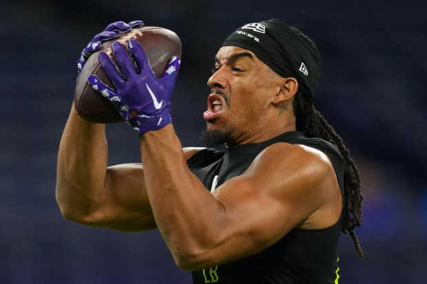 TCU linebacker Kaleb Elarms-Orr (06) catches a ball at the NFL football scouting combine in Indianapolis, Thursday, Feb. 26, 2026. (AP Photo/Julio Cortez)