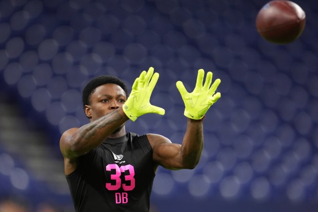 TCU defensive back Bud Clark (33) runs a drill at the NFL football scouting combine in Indianapolis, Friday, Feb. 27, 2026. (AP Photo/Michael Conroy)