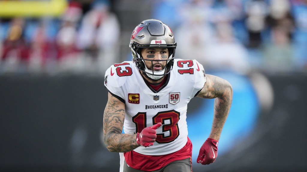 Tampa Bay Buccaneers wide receiver Mike Evans runs during an NFL football game between the Carolina Panthers and the Tampa Bay Buccaneers on Dec. 21, 2025, in Charlotte, N.C.