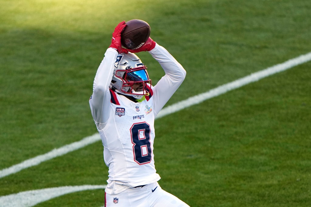 New England Patriots wide receiver Stefon Diggs warms up before the NFL Super Bowl 60 football game against the Seattle Seahawks, Sunday, Feb. 8, 2026, in Santa Clara, Calif.