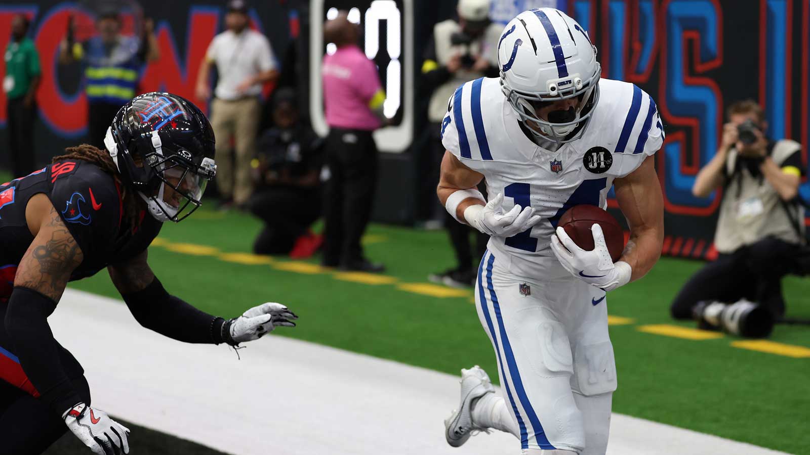 Indianapolis Colts wide receiver Alec Pierce (14) catches a touchdown pass against the Houston Texans during the first half at NRG Stadium. 