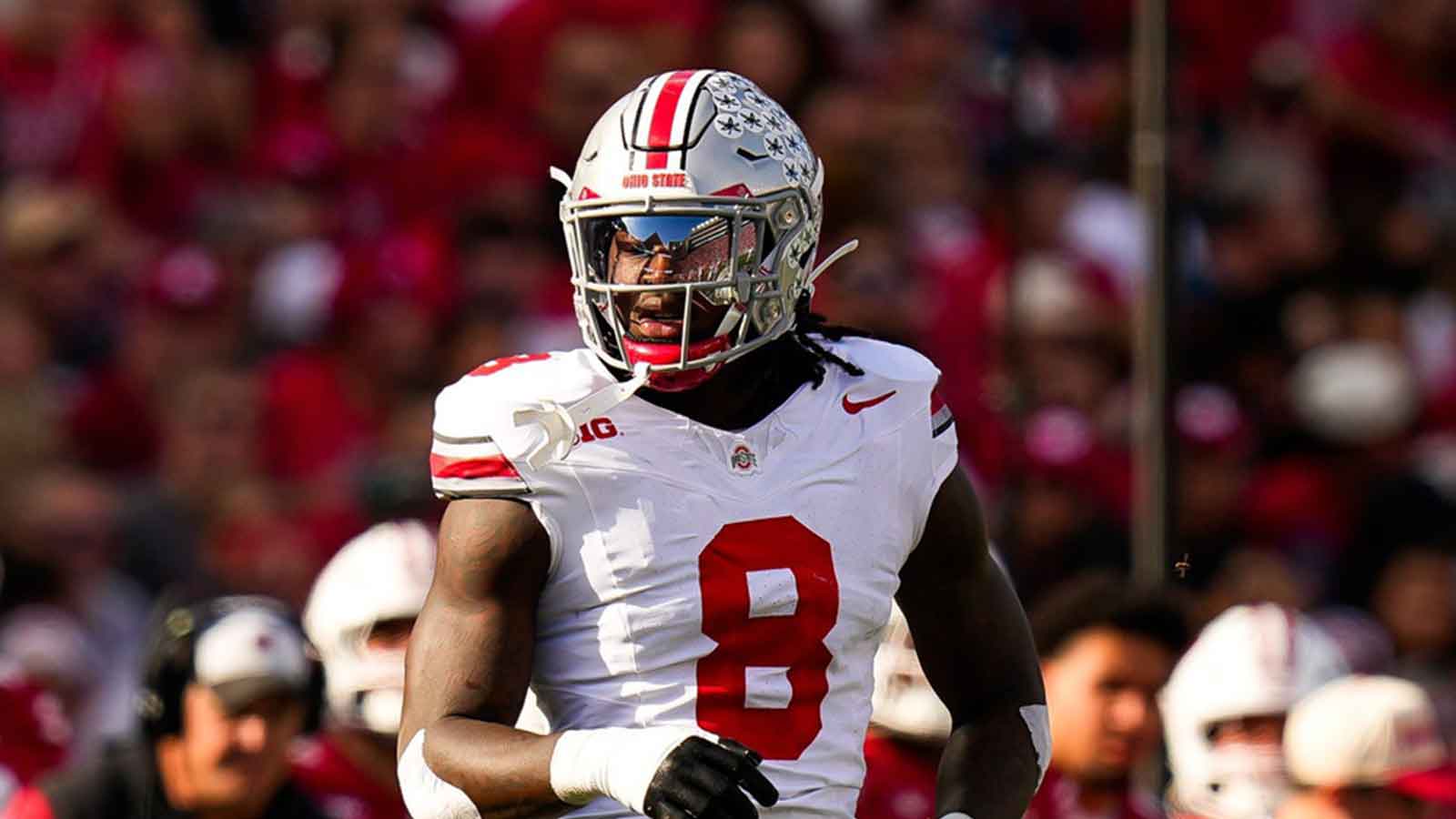 Ohio State Buckeyes linebacker Arvell Reese (8) reacts during the game against the Wisconsin Badgers at Camp Randall Stadium on Saturday, Oct. 18, 2025 in Madison, Wisconsin.
